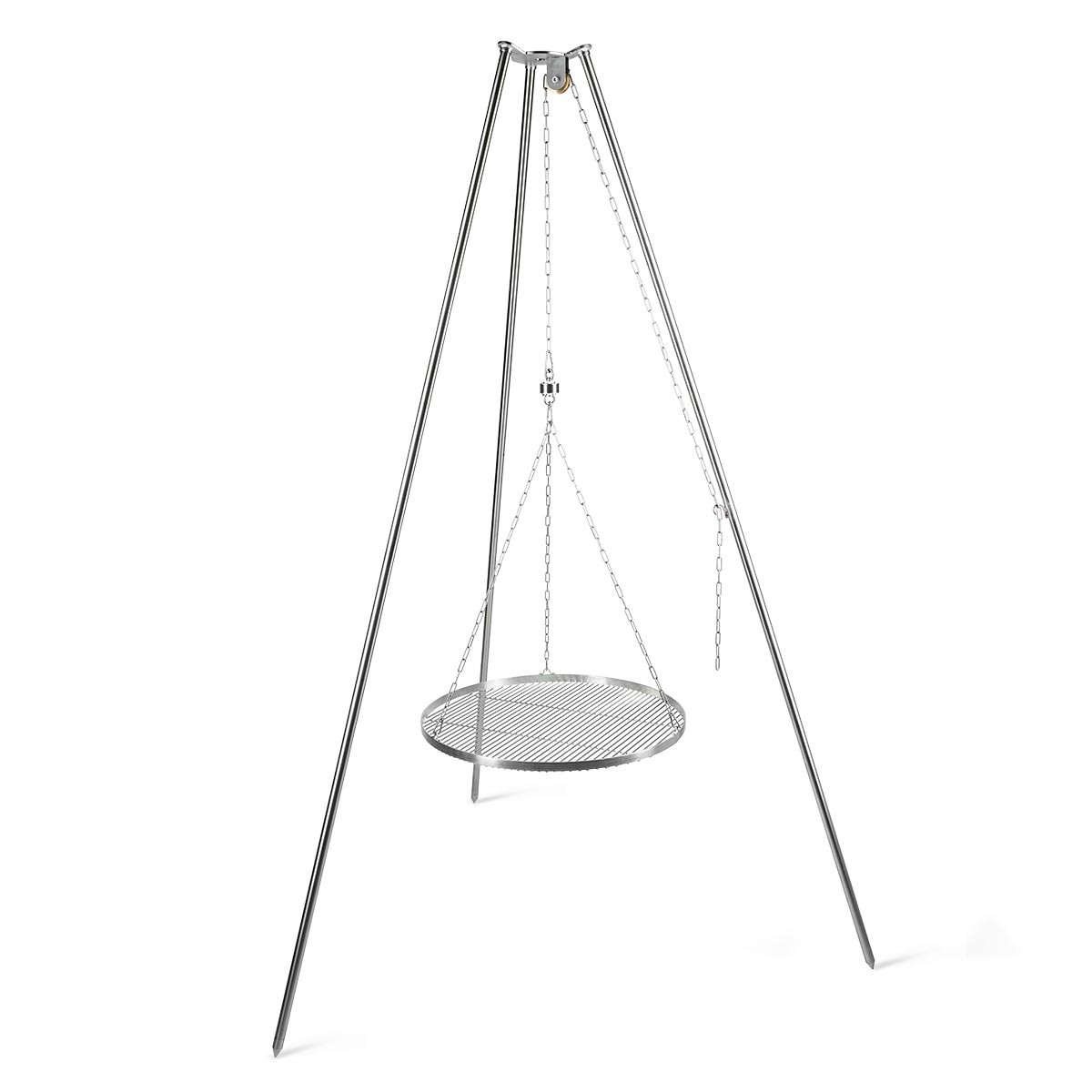 Edelstahl Schwenkgrill Dreibein mit Aufhängung, Wirbel und 60 cm Grillrost